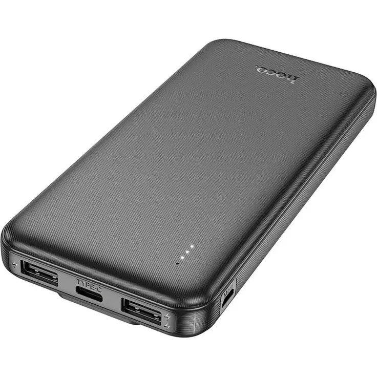 HOCO J118 Powerbank 10.000 mAh, mit integriertem USB-C + Lightning Kabel, schwarz, 4 Geräte gleichzeitig ladbar, LED-Display