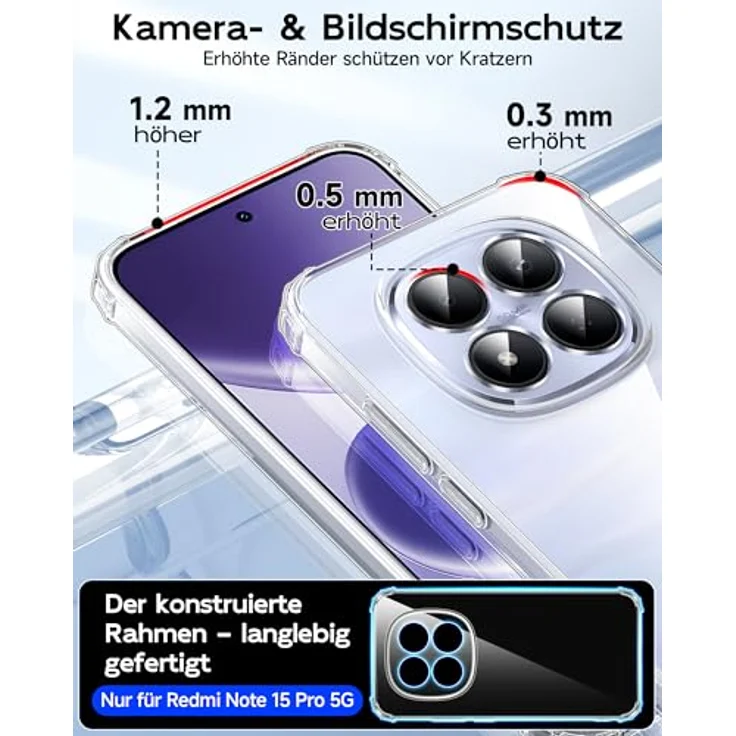 LeYi Hülle für Xiaomi Redmi Note 15 Pro 5G, Transparent TPU Schutzhülle mit 2 Schutzfolien, Stoßfest und Kameraschutz, Crystal Clear Case – Bild 4
