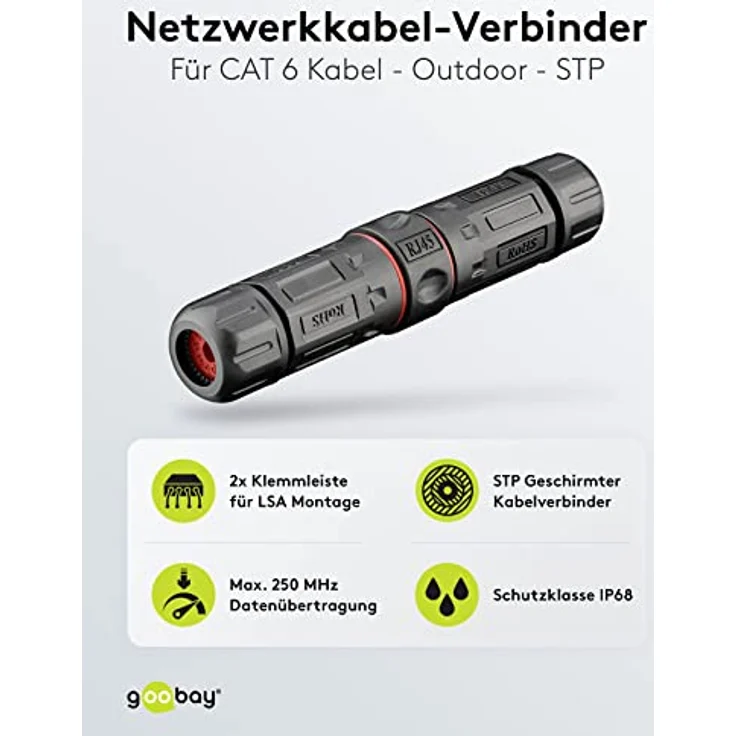 Goobay 44417 Outdoor CAT 6 Kabelverbinder wasserdicht / Kabelmuffe IP68 / LSA Netzwerkkabel Verbinder / 250 MHz Kupplung zur LAN Kabel Verlängerung / AWG 22-26 / STP – Bild 2