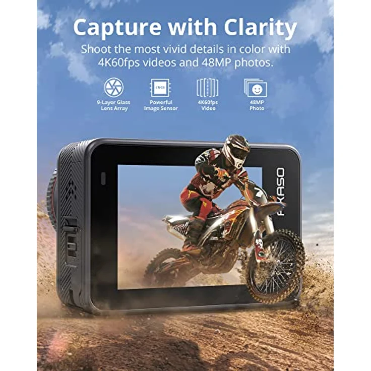 AKASO Action Cam 4K60FPS 48MP WiFi Unterwasserkamera mit SuperSmooth Stabilisierung, Touchscreen, 150° Weitwinkel, 60M Wasserdicht Kamera mit 8X Zoom, 16x Slo-mo, 2x1550mAh Akkus- Brave 8 – Bild 2