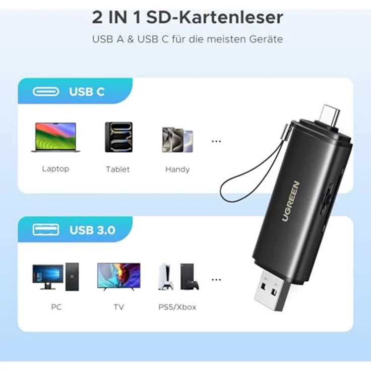 UGREEN 2in1 USB-C / USB-A SD 4.0 UHS-II Card Reader, kompakter Kartenleser mit Lesegeschwindigkeiten bis zu 312 MB/s, schwarz – Bild 5