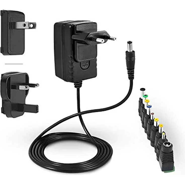 LEICKE ULL Netzteil 12V 2A, TÜV-zertifiziertes Ladegerät mit 9 wechselbaren Adapterköpfen für elektronische Geräte, 24W