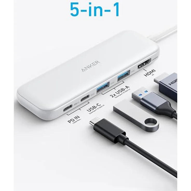 Anker 332 USB-C Hub (5-in-1) with 4K HDMI Display, 5Gbps - and 2 5Gbps USB-A Data Ports (Weiß) – Bild 2
