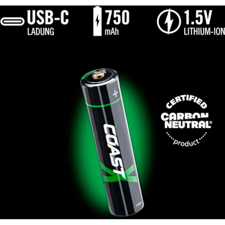 Coast AAA USB-C Akkus, ZITHION-X, Lithium-Ionen 1,5V 750 mAh, Langlebig, Lädt in 1.3 Stunden, 4er-Pack – Bild 4