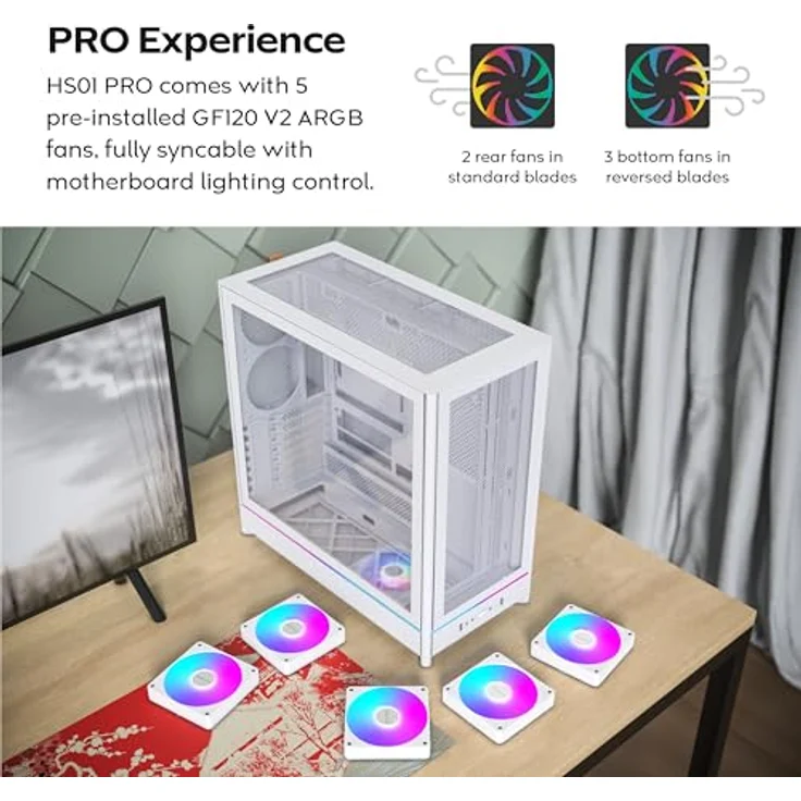 Montech HS01 PRO, Midi-Tower PC-Gehäuse in Weiß mit Tempered Glass, aRGB, bis zu 11x 120-mm-Lüfter, unterstützt ATX und 360 mm Radiatoren – Bild 6