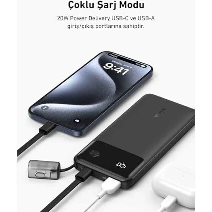 Anker 10.000 mAh Powerbank, 22,5W, black - Schlankes Design, Integriertes USB-C Kabel, 2-faches Schnellladen – Bild 5