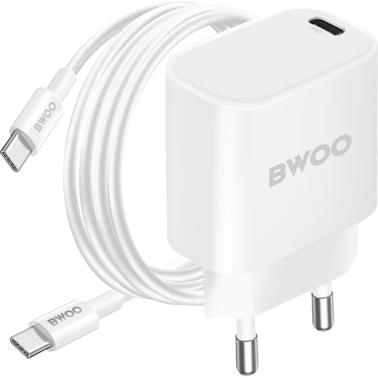 Bwoo CDA159, 20W USB-C Ladegerät mit 60W Power Delivery Kabel, Weiß, kompaktes Design für schnelles Laden