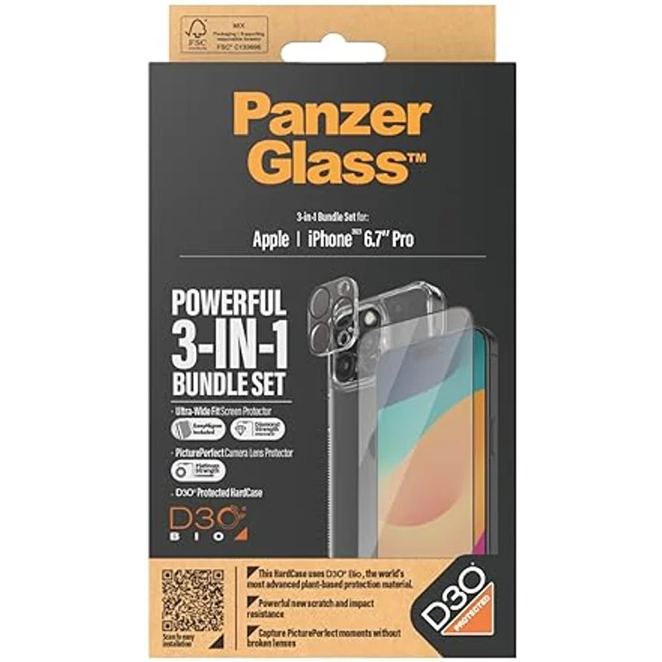 PanzerGlass Apple iPhone 15 Pro Max 2023 17 cm (6,7 Zoll) ultimativer Schutz, 3-in-1 Bundle – ClearCase mit D3O + UWF Displayschutzfolie + Kameralinsenschutz | Voller 360-Grad-Schutz vor Stürzen und – Bild 3