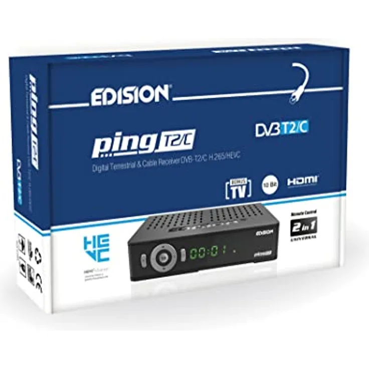 Edision PING T2 C Terrestrischer & Kabel Receiver DVB-T2 C H.265 HEVC Kartenleser Full HD PVR, 2xUSB, HDMI, SCART, LAN, S PDIF, IR-Auge, R2232, USB WiFi Support, Universal 2in1 Fernbedieung Schwarz