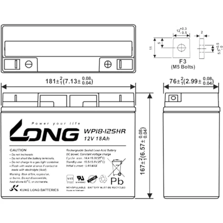 Kung Long WP18-12SHR, 12V 18Ah AGM Blei Akku, wartungsfrei, geeignet für Notbeleuchtung und industrielle Anwendungen – Bild 6