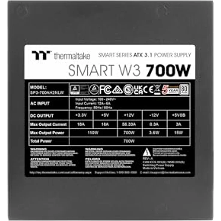 Thermaltake Smart W3 700W | ATX 3.1 | 80Plus White, Netzteile - Vollständig ATX 3.1 kompatibel, leiser 120mm-Lüfter, nicht-modulare Flachbandkabel – Bild 3
