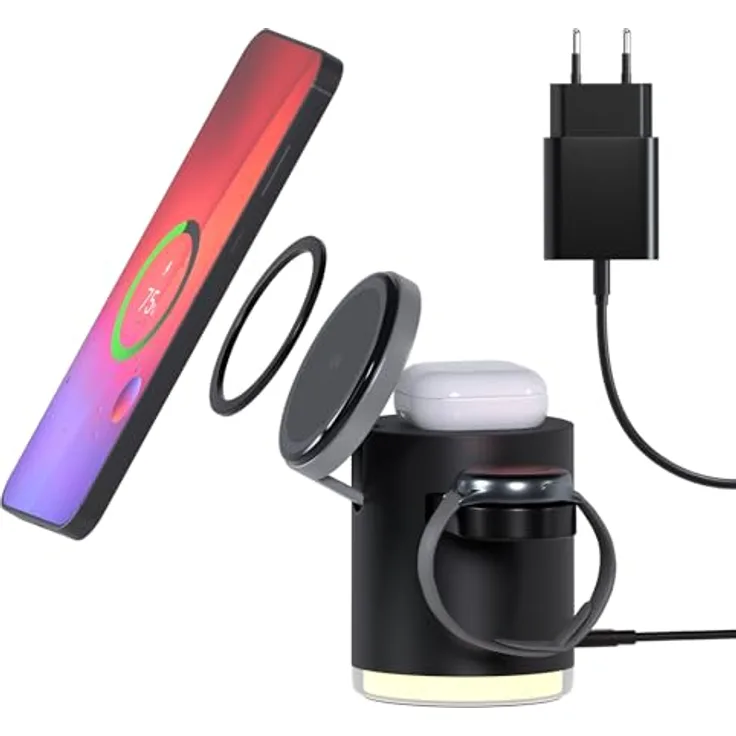 MMOBIEL Induktive Ladestation 4 in 1 Qi2 – Faltbare Kabellose Ladegerät für Samsung Galaxy S25/S24/S23/S22, Watch 7/6/5 und Buds – Inkl. 25W Adapter – Schwarz