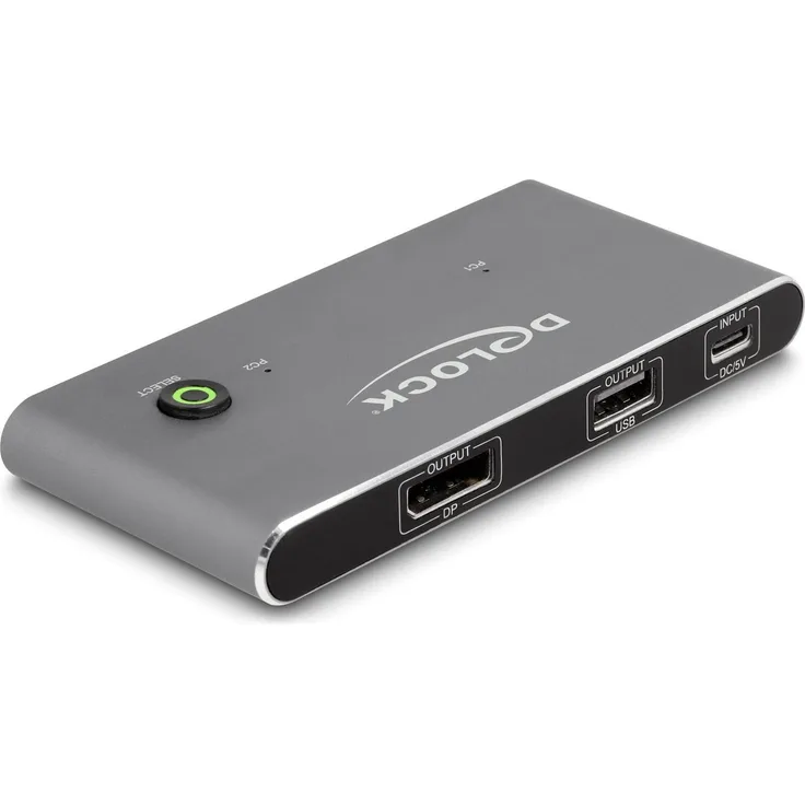 Delock USB-C KVM Switch, 2-Port KVM Switch für USB-C DP Alt Mode, grau, mit 3 USB 2.0 Anschlüssen und LED Anzeige