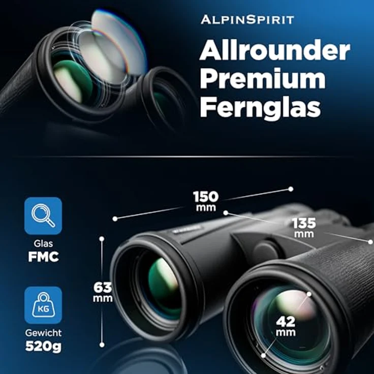 AlpinSpirit© Fernglas 8x42, Testsieger mit Hardcase & Zubehör, brillant für Brillenträger, wasserabweisend, FMC+BAK4, schwarz – Bild 3