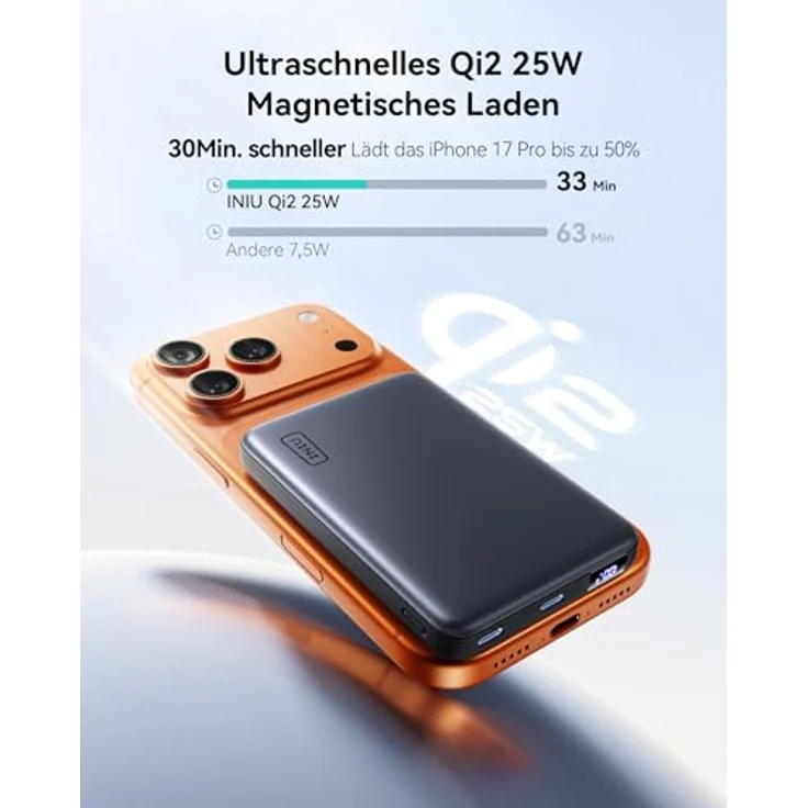 INIU 10000mAh Qi2 25W MagSafe Power Bank, Dünnste kabellose Powerbank mit USB-C 45W Schnellladung und LED Anzeige, Flugsicher für iPhone 17-12 Serie – Bild 3