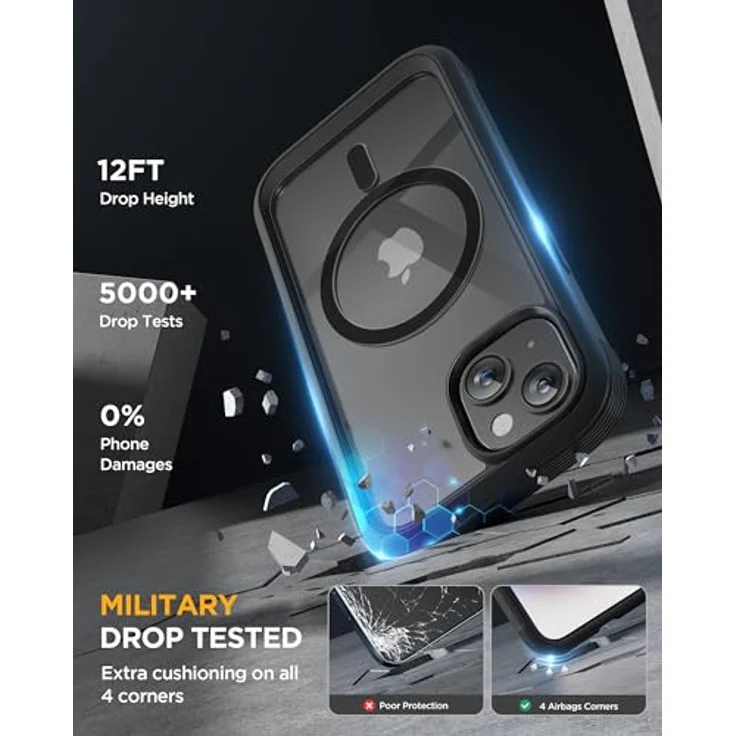 Miracase 360 Grad iPhone 15 Hülle mit Magsafe, Eingebautem 9H Glas Displayschutz, Komplettschutz und Stoßfestigkeit, Schwarz – Bild 4