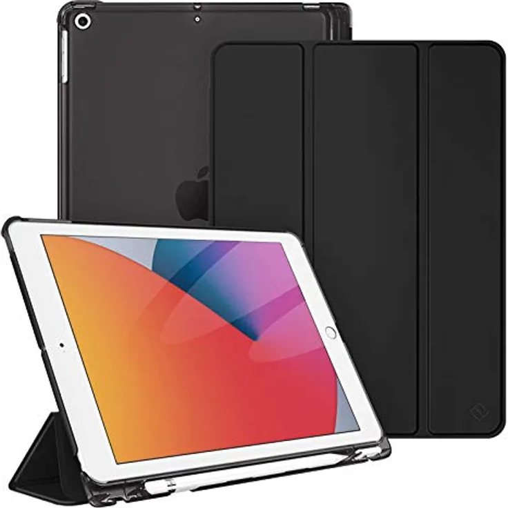 Fintie Hülle für iPad 9. Generation 2021/8. Gen 2020/7. Gen 2019 10.2 Zoll mit Stifthalter, ultradünne leichte Schutzhülle mit transparenter Rückseite und Auto Schlaf/Wach Funktion, Schwarz