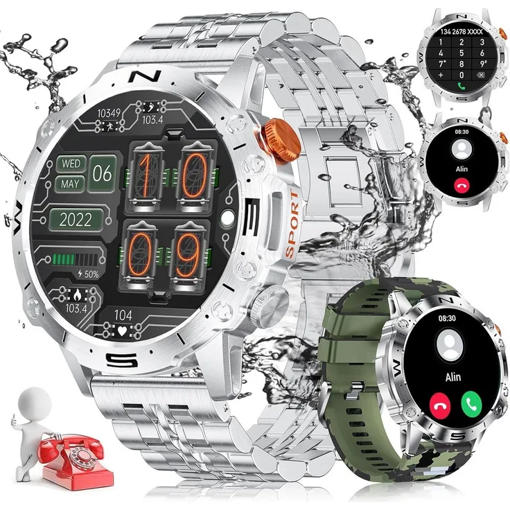 JUNG LIGE Smartwatch Damen & Herren Fitnessuhr, Bluetooth Smartwatch (3,63 cm/1,43 Zoll), 100+ Trainingsmodi, Wasserdicht, Android / iOS, Schwarz