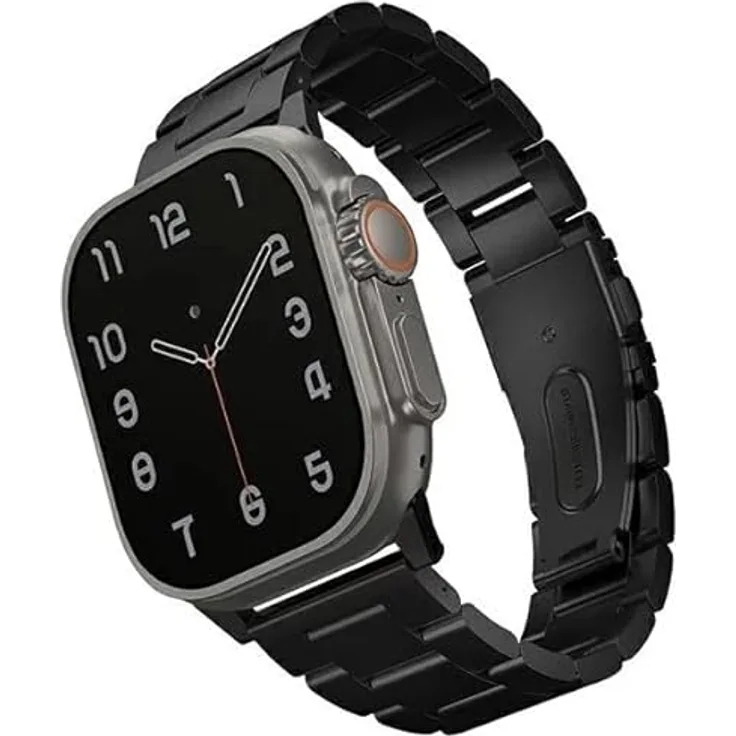 UNIQ Osta Uhrenarmband kompatibel mit Apple Watch (49 mm), schwarz - midnight black, Einheitsgröße - Edelstahlarmband mit elegant gebürsteter Oberfläche und selbstverstellbaren Gliedern