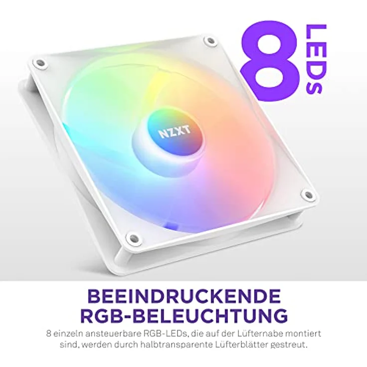 NZXT F140 RGB Core – 140 mm nabenmontierter RGB-Lüfter – 8 einzeln ansteuerbare LEDs – Halbtransparente Lüfterblätter – Hydrodynamisches Gleitlager – PWM-Steuerung – CAM-Software – Weiß – Bild 2