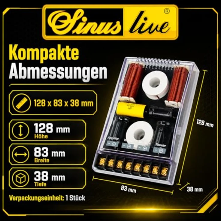Sinuslive CR345, 3-Wege-Lautsprecher-Frequenzweiche bis 300 Watt, 4 Ohm, Übergangsfrequenzen 700/4500 Hz, kompakte Maße 128x83x38mm – Bild 7
