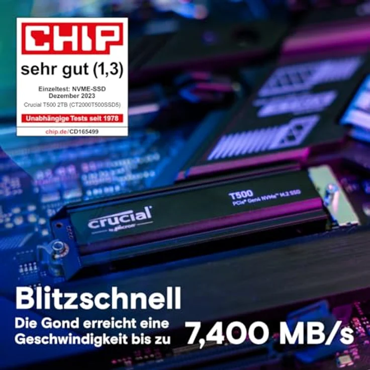 Crucial T500 SSD 4TB PCIe Gen4 NVMe M.2 Interne PS5 SSD Festplatte mit Kühlkörper, bis 7000MB/s, Microsoft DirectStorage - CT4000T500SSD5, Laptop und Desktop kompatibel, Crucial – Bild 2