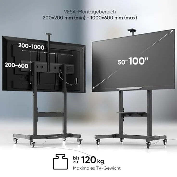 ONKRON TV Ständer rollbar für 50-100 Zoll TVs bis zu 120 kg, höhenverstellbar & neigbar max 1000x600 VESA Standfuß Schwarz TS1991-B – Bild 3