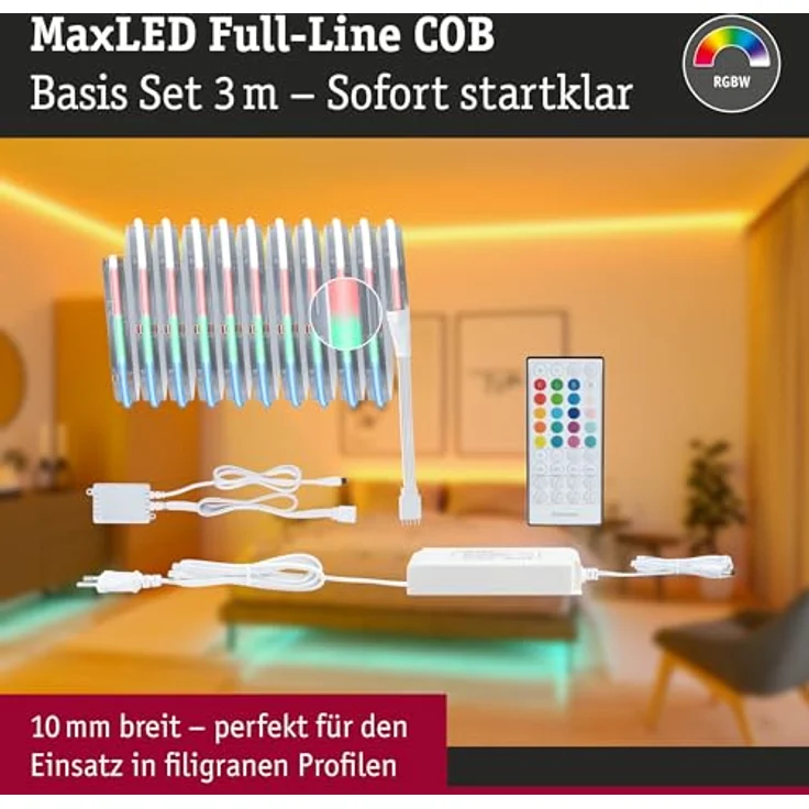 Paulmann MaxLED 1000 LED Strip Full-Line COB Basisset, 3m, 27W, 1038lm/m, 896 LEDs/m, RGBW, inkl. Vorschaltgerät, erweiterbar, Tunable White – Bild 3