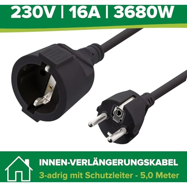 InLine Schutzkontakt-Verlängerungskabel CEE 7/7, GS-zertifiziert mit Kinderschutz, 230V, H05VV-F3G1,5, 5m, schwarz – Bild 2