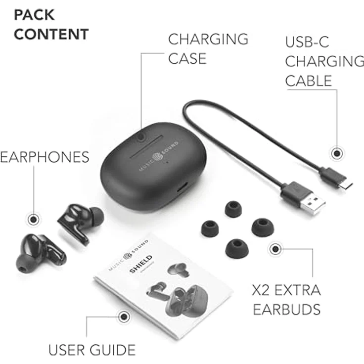 Music Sound Shield, True Wireless Stereo (TWS) Kopfhörer mit aktiver Geräuschunterdrückung, bis zu 30 Stunden Spielzeit, Schwarz – Bild 6