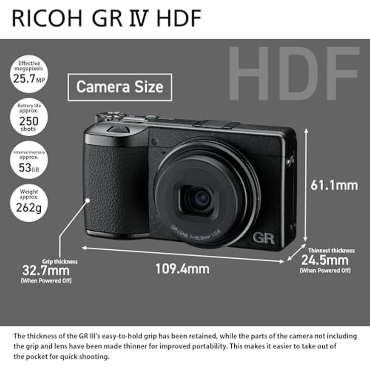 Ricoh GR IV HDF, Digitalkompaktkamera mit 25,74 MP APS-C-CMOS-Sensor, 28 mm f/2,8 GR-Objektiv und integriertem Highlight Diffusion Filter, schwarz, 53 GB intern – Bild 5