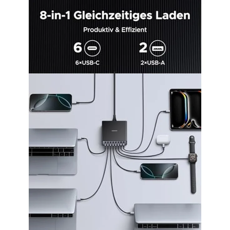 UGREEN USB C Ladegerät 200W GaN Netzteil 8-Port Desktop Ladestation, 100W Schnellladegerät mit PD und PPS, kompatibel mit MacBook Pro/Air, iPhone, Galaxy Serien, Schwarz – Bild 4