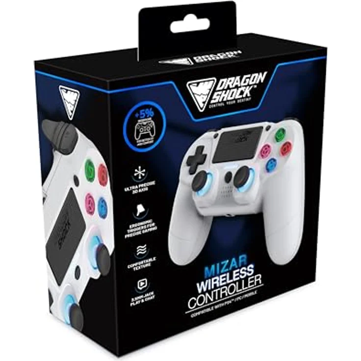DragonShock Controller Mizar Wireless weiß PS4, kabellose Bluetooth-Verbindung, LED-Anzeige, Doppelmotoren – Bild 2