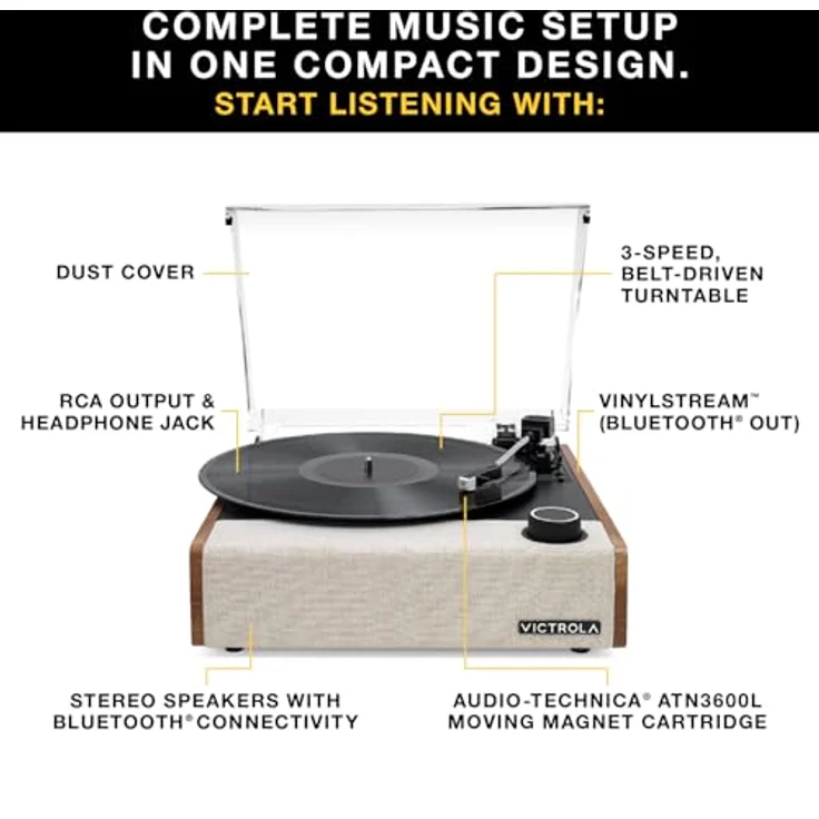 Victrola The Eastwood II, Manuell Plattenspieler mit Bluetooth-Streaming und Audio-Technica AT-3600LA-Tonabnehmer, schwarz – Bild 4