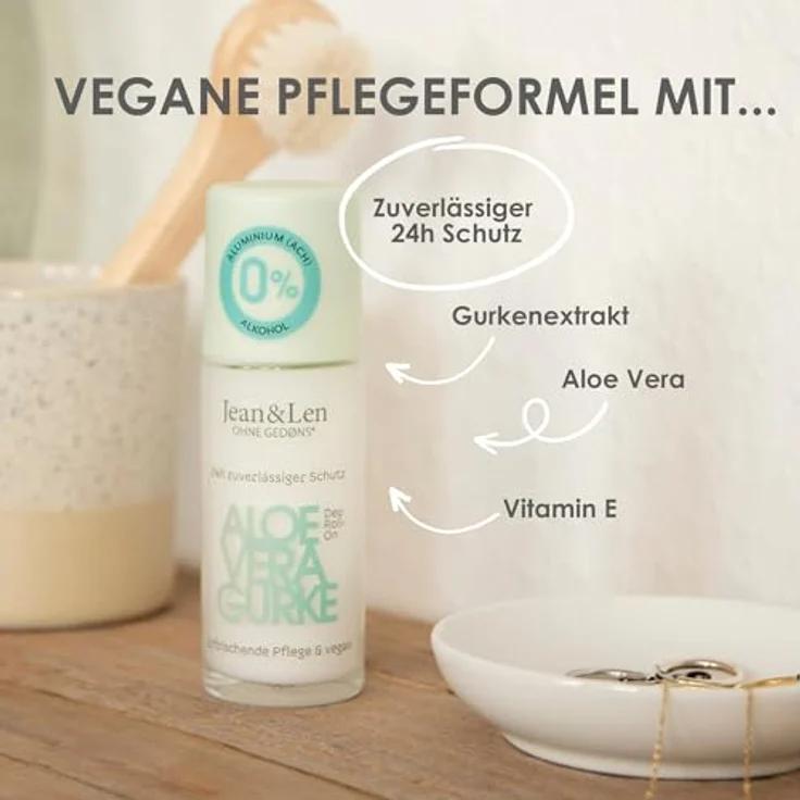 Jean & Len Deo Roll-On Aloe Vera Gurke, langanhaltende Frische, ideal auch  nach der Rasur, praktische Reisegre, Vitamin E, Gurkenextrakt & Aloe Vera,  ohne Aluminiumsalze & Alkohol, vegan, 50 ml: Tests, Infos