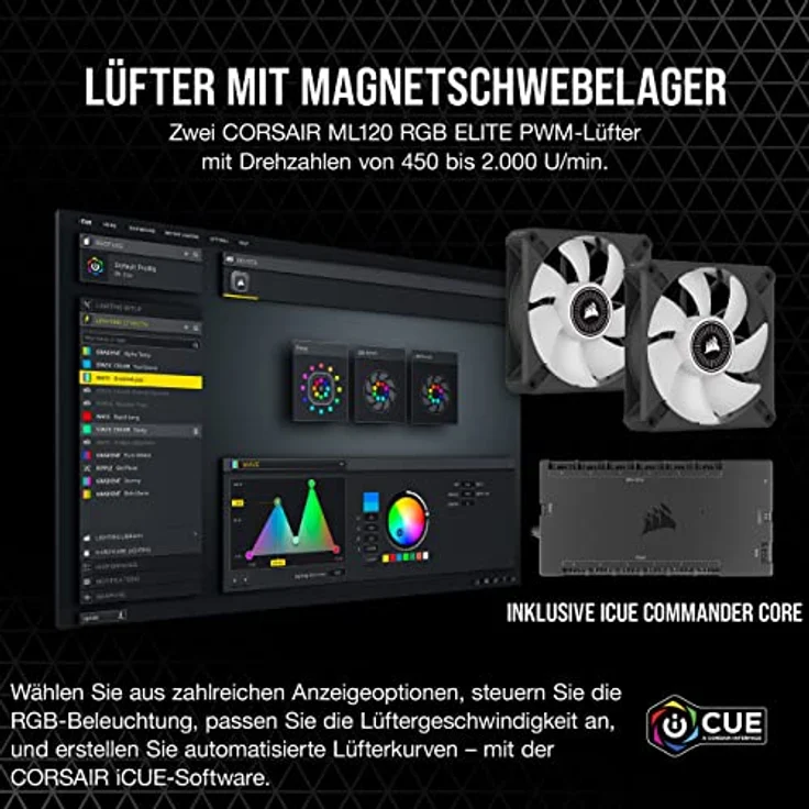 Corsair iCUE H100i ELITE CPU-Flüssigkeitskühler mit LCD-Display (IPS-LCD-Bildschirm mit anpassbarer Anzeige, 40 Dynamische RGB-LEDs, 120-mm-Lüfter, 240-mm-Radiator, Commander Core inklusive) Schwarz – Bild 5