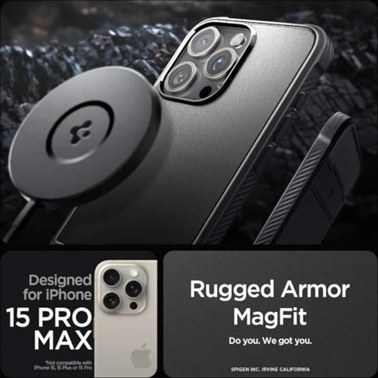 Spigen Rugged Armor MagFit Hülle Kompatibel mit iPhone 15 Pro Max -Matte Black, TPU mit Prägung im Karbon Look – Bild 2