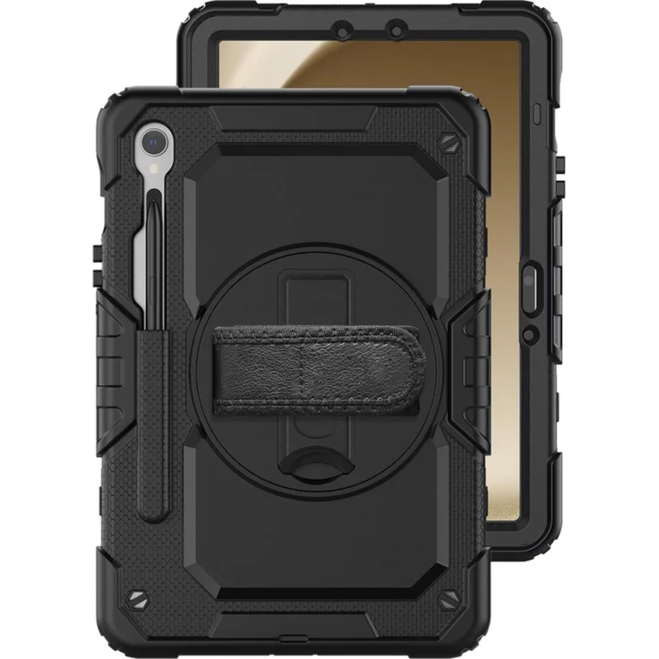 Just in Case Rückdeckabdeckung für Samsung Galaxy Tab S9 / S9 FE, schützende Tablet Hülle mit integriertem rotierenden Stand und Schultergurt, Schwarz-Rot