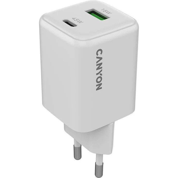 Canyon Ladegerät CU45AC, 45W PD, 2-Port (USB-A/USB-C), GaN-Technologie, kompakt, weiss