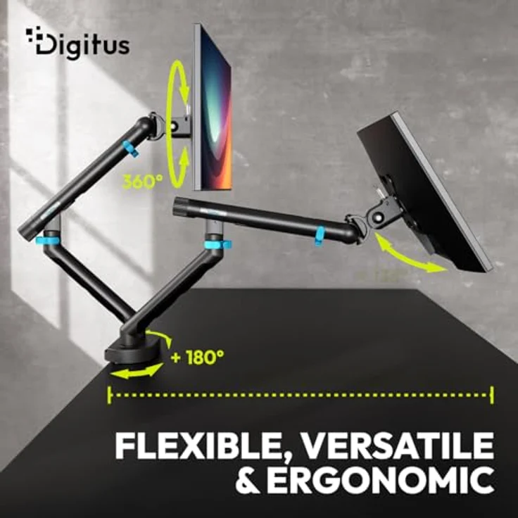 DIGITUS Dual Monitor Halterung, mechanische Feder für Flach- und Curved-Bildschirme bis 35 Zoll, 10 kg Traglast, VESA 75x75 & 100x100, Tischklemme, schwarz – Bild 3