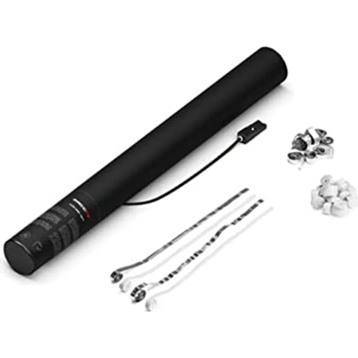 Magic FX E Cannon 50 cm, elektrische Konfetti Kanone mit weißen und silbernen Luftschlangen, TÜV-zertifiziert – Bild 2