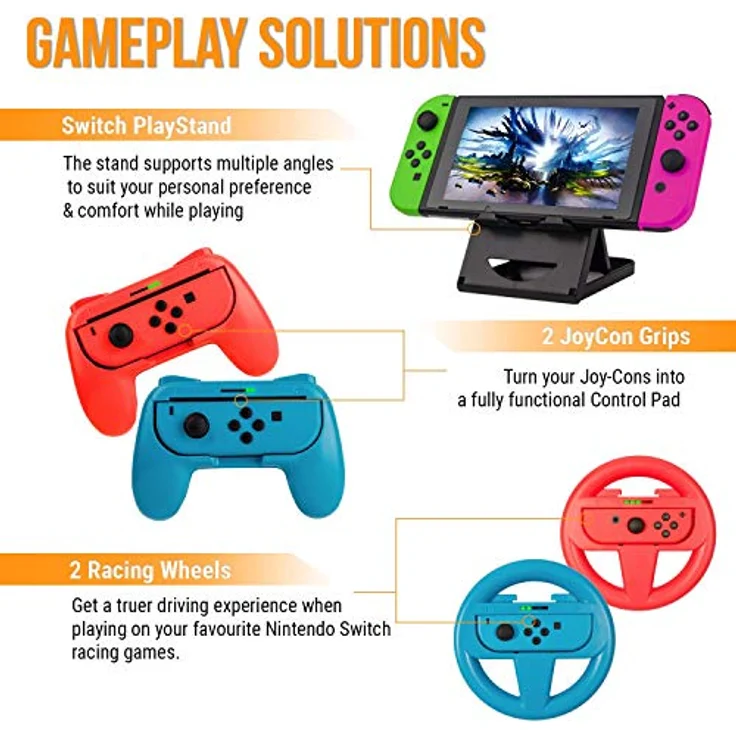 ORZLY Zubehörpaket-Switch Orzly Geek Pack für Nintendo Switch: Tragetasche & Displayschutzfolie, Joycon Grips & Lenkrad, JoyCon/Pro-Controller-Ladestation, Comfort Grip Tasche & More - ColourPop – Bild 8