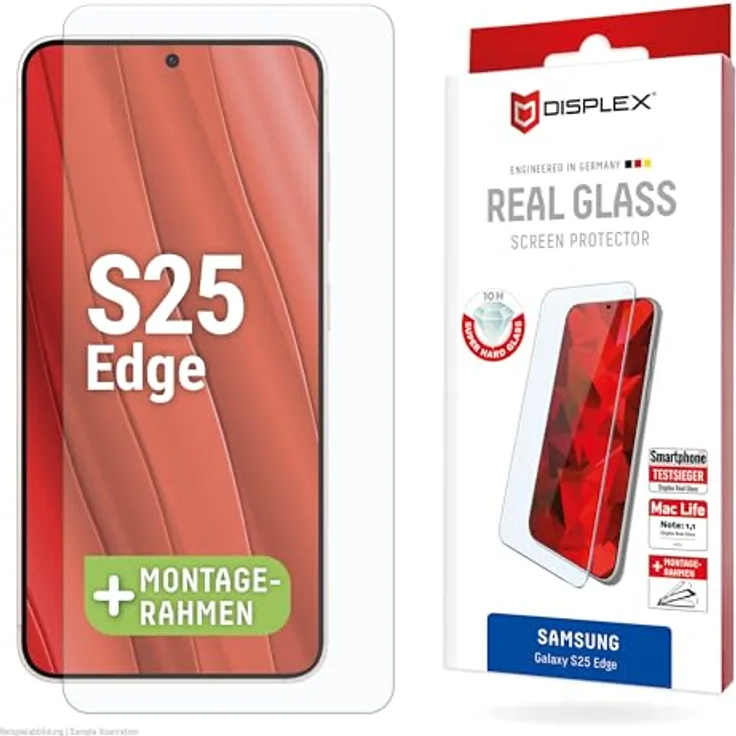 Displex Schutzglas Real Glass (10H) für Samsung Galaxy S25 Edge, kratzer-resistente Schutzfolie, hüllenfreundlich, in Schwarz