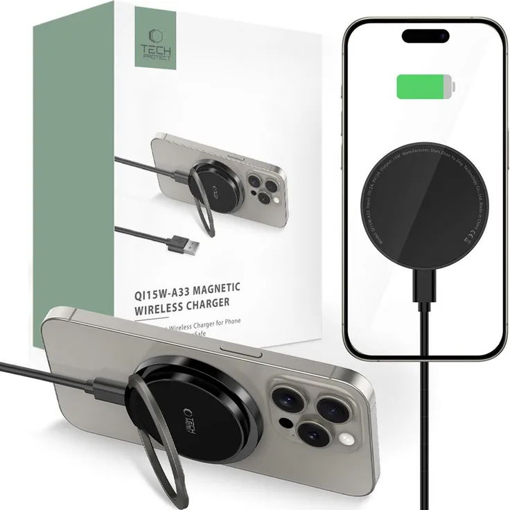 Tech-Protect Qi15W-A33, Magnetisches MagSafe Kabelloses Ladegerät, 15W Schnellladung, Schwarz