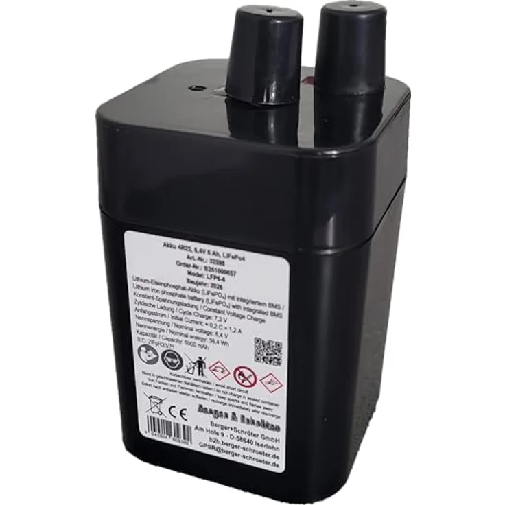 Berger & Schröter Akku 4R25, 6,4V 6 Ah, LiFePO4 mit BMS, langlebig, temperaturbeständig, für Futterautomat und Laterne
