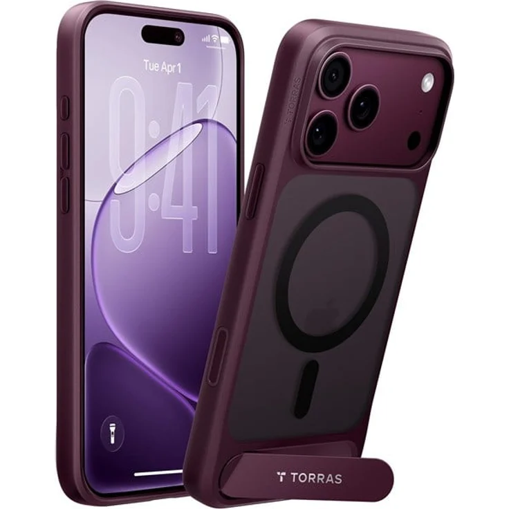 Torras Ostand L1, Handyhülle für iPhone 18 Pro Max, violett, mit integriertem Ständer und MagSafe-Kompatibilität, 360° stoßdämpfende Airbags