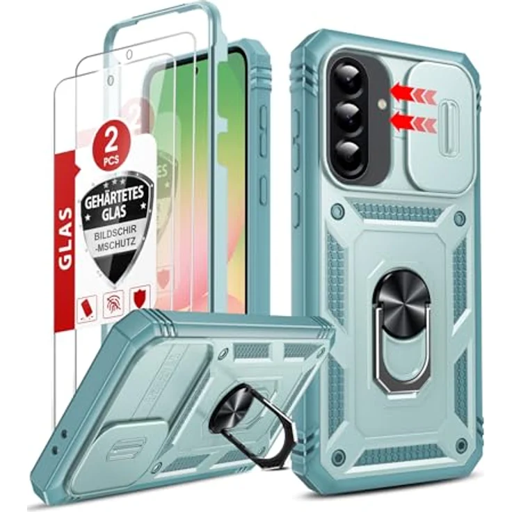 LeYi Samsung Galaxy A56 5G Hülle, Militärisch Stoßfest mit Kameraschutz Slide Cover und Rotierender Ringhalterung, Robustes Case in Grün mit 2 Panzerglas-Schutzfolien – Bild 1