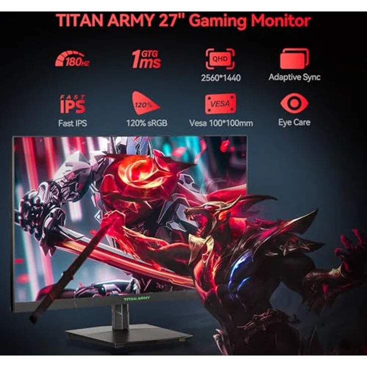TITAN ARMY Gaming Monitor 27 Zoll, 180Hz, 2K QHD 2560 x 1440p Fast IPS 1ms GTG Monitore, G-Sync & FreeSync, 120% sRGB HDR10 PC Bildschirm, Blaulicht Reduktion, VESA, HDMI 144Hz, DP 180Hz, P27GR in schwarz – Bild 2