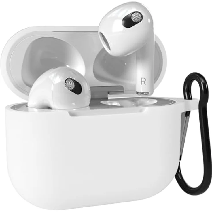 EAZY CASE Schutzhülle für AirPods 3, weiße Silikonhülle, stoßfest mit Karabiner, rutschfest und antikratz, geeignet für kabelloses Laden – Bild 1
