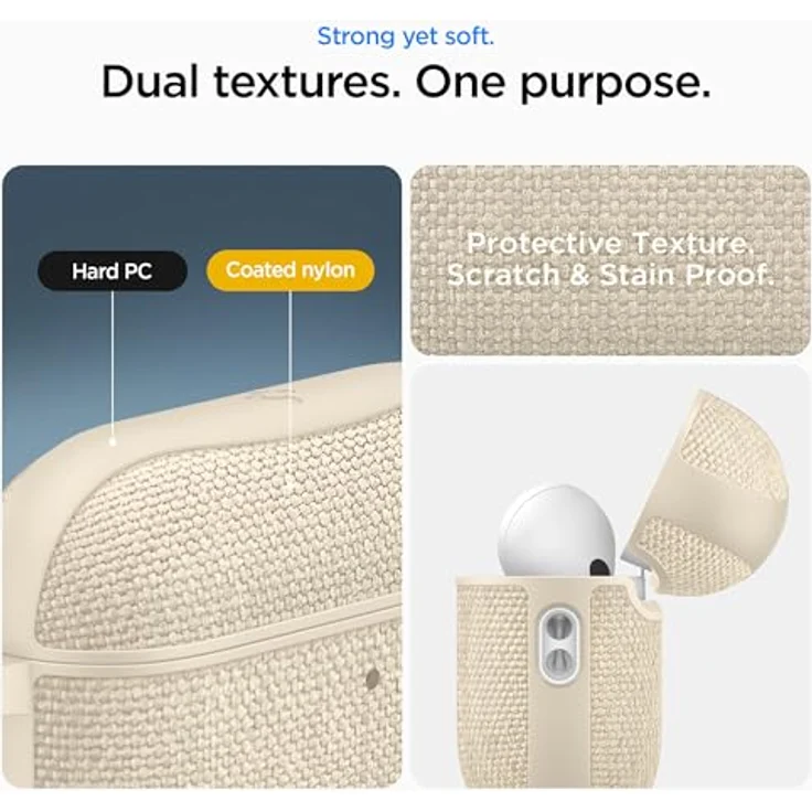 Spigen Urban Fit Hülle Case, kompatibel mit AirPods Pro 3. Generation (2025), aus hochwertigem Nylon mit Wildleder-Innenseite, dünenbeige, inklusive Karabiner und doppelseitigem Klebeband – Bild 4